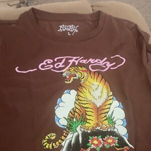 Ed Hardy Brown Short-Sleeve Tee with Multicolor Tiger Graphic